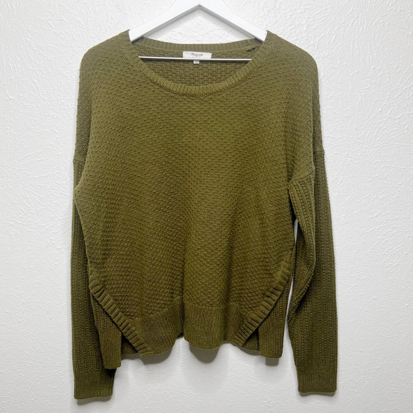 Madewell Sea Grove Textured Split Hem Sweater Cotton Blend Moss Green Sz L - Picture 1 of 8